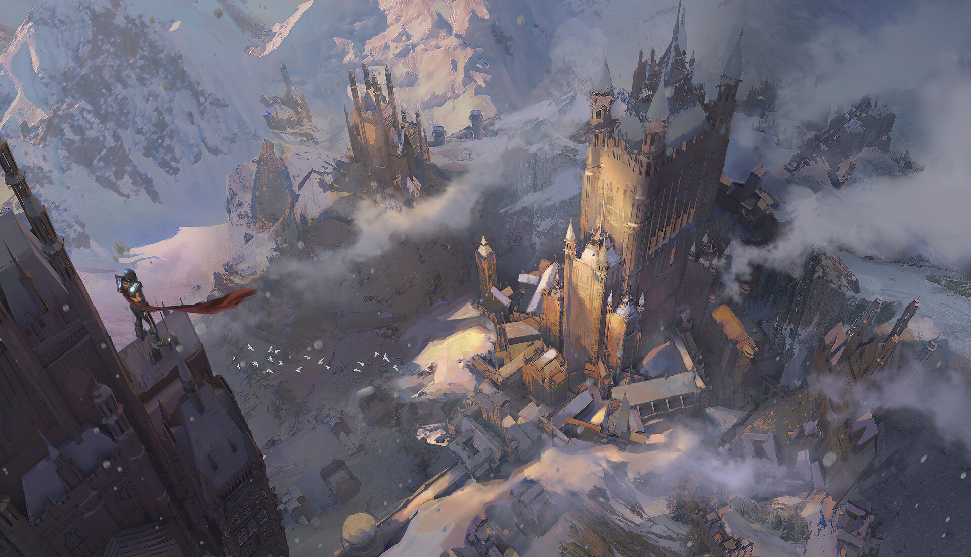 Snowy fantasy citadel concept seen from above.