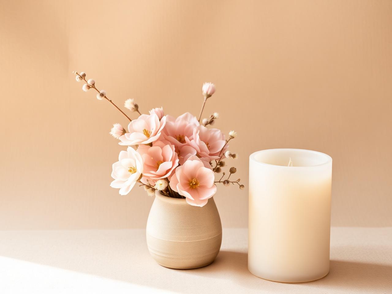 Soft pastel preserved flowers arranged with a candle.